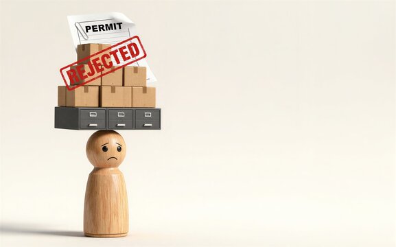 Wooden figure bears heavy stack of boxes and a "REJECTED" stamp on