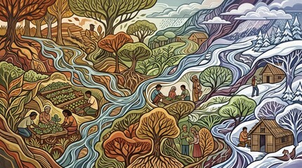 Fototapeta premium an illustration of a river with houses and trees