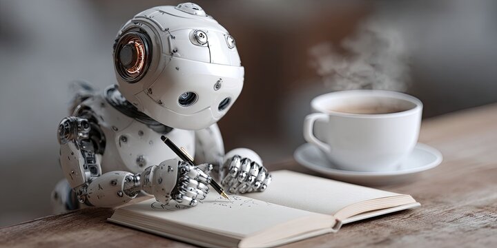 AI robot author - ai writing concept with a robot writing in a book using a pen