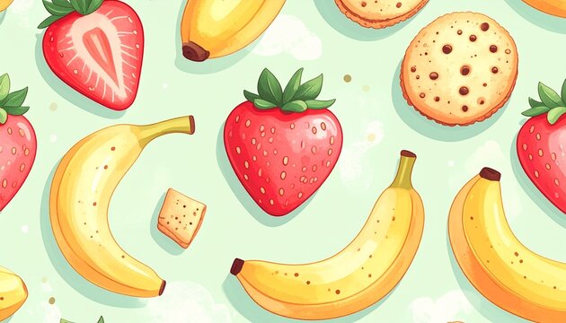 playful fruit and snack seamless pattern, stylized strawberries, bananas, cookies
