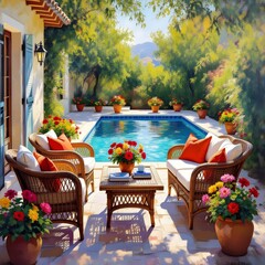 Fototapeta premium outdoor patio with flowers and pool