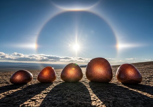 Moeraki Boulders Under a Halo - Spherical Stones and Atmospheric Optics.