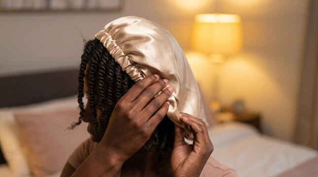 Black woman wearing a silk bonnet as part of her nighttime hair protection routine.