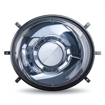 Round LED headlight with chrome accents for automotive lighting.