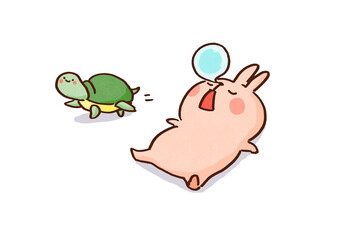 Tortoise walking at its own pace passing by a sleeping hare, continuous effort and carelessness concept © Chunu