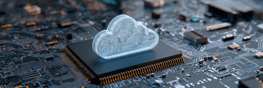 cloud-shaped computer chip on motherboard for cloud-based computing - software as a service cloud provider concept for technology 