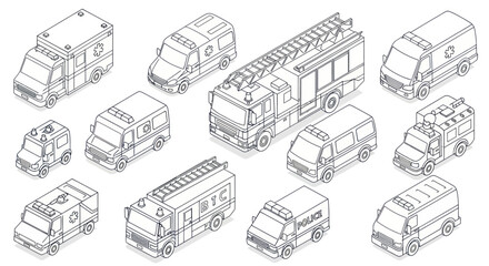 Isometric Line Art Set of Emergency and Service Vehicles. © DOG2
