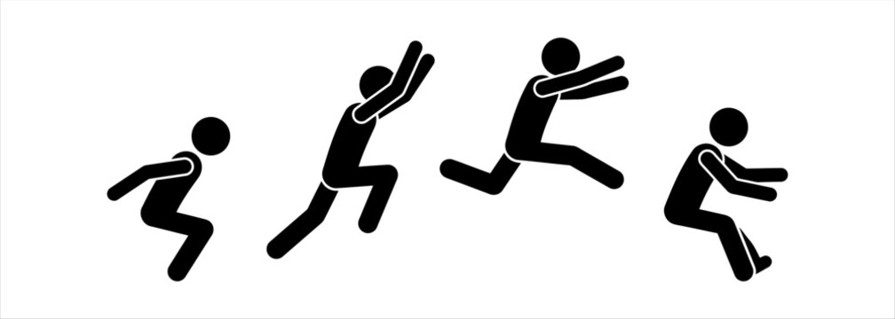 Dynamic sequence of a stick figure performing a broad jump action, illustrating athletic movement