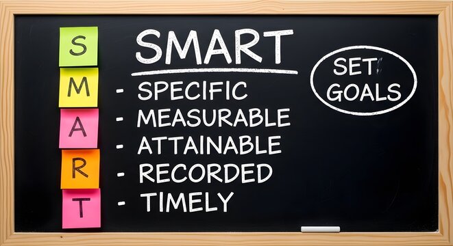 A blackboard displaying the smart acronym for goal setting with descriptive