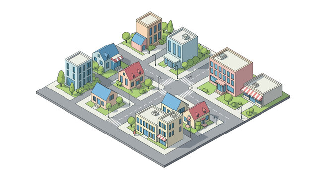 Isometric view of a charming small town with various buildings and roads.