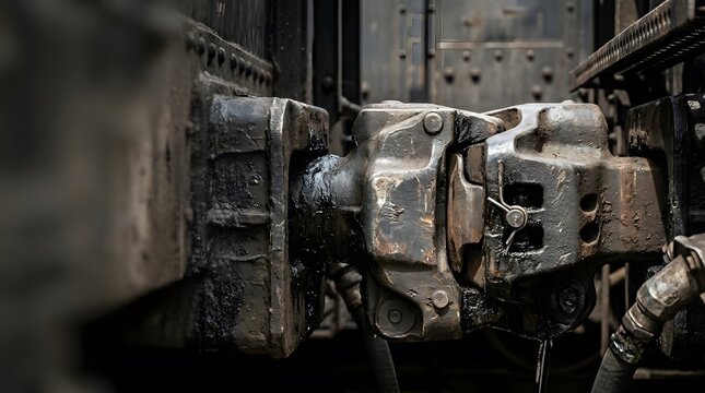 Heavy-duty metal railway coupling mechanism between freight wagons, oily and worn with industrial detail