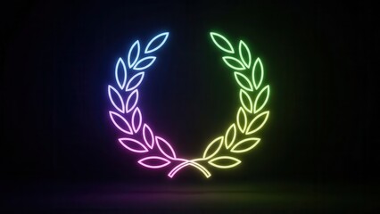 Obraz premium Vibrant neon laurel wreath illuminated with a glowing gradient of colors on a dark background