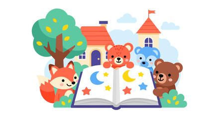Obraz premium Cartoon animals reading book.