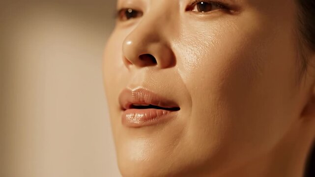 Close-up of a woman with healthy, glowing skin and a neutral expression.