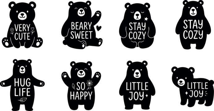 Black bears with handwritten phrases like very cute beary sweet and stay cozy vector art