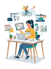 Fototapeta premium Woman sitting at desk with laptop and various business icons around her