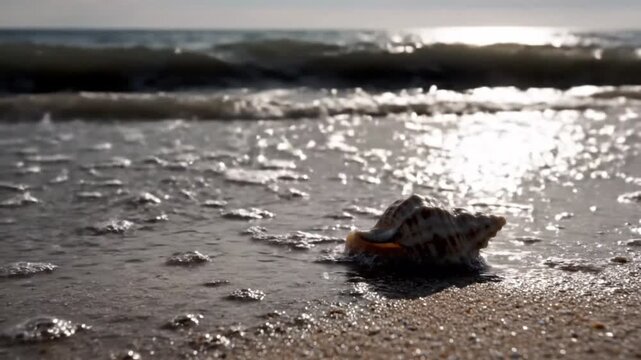 Sun-kissed conch shell resting peacefully on the wet sandy shore, bathed in the golden glow of a tranquil sunset as gentle waves ebb and flow, creating a serene coastal scene