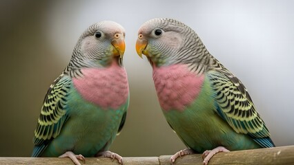 Fototapeta premium Two Colorful Parakeets Perched on a Wooden Branch, Looking at Each Other