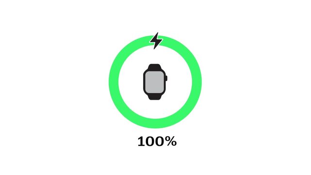 Watch animation, watch running, watch battery charging, charging circle symbol and 0-100 presentation, transparent background, 4K video