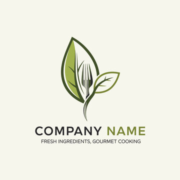 Elegant Leaf Logo with Fork and Knife Symbolizing Fresh Gourmet Food.