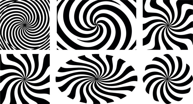 Black and white swirl spiral pattern set with six different twisted shapes