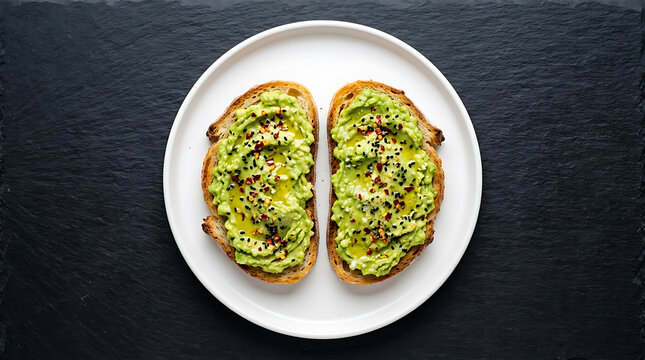 A plate of toasted bread topped with mashed avocado and sesame seeds on a dark slate background