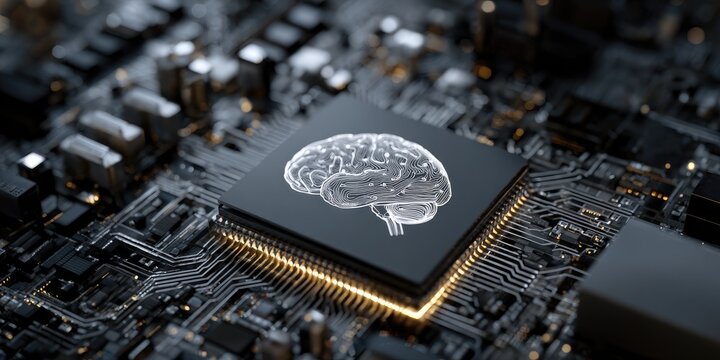 brain-shaped computer processing unit (CPU) on motherboard - technology concept 