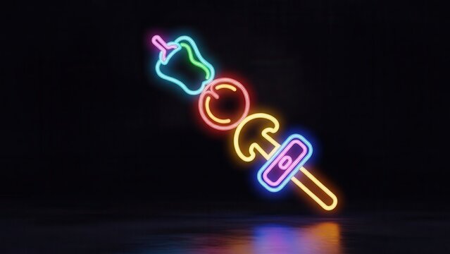 Radiant neon shish kebab graphic design featuring a colorful glowing culinary symbol