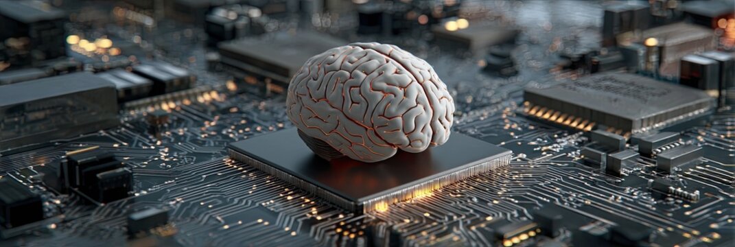 brain-shaped computer processing unit (CPU) on motherboard - technology concept 
