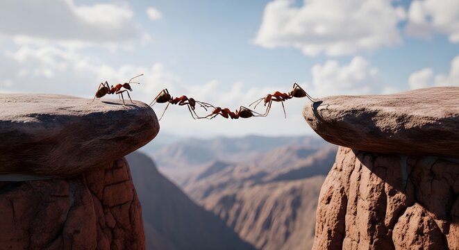 Line of ants forming a living bridge across a deep chasm between rock formations