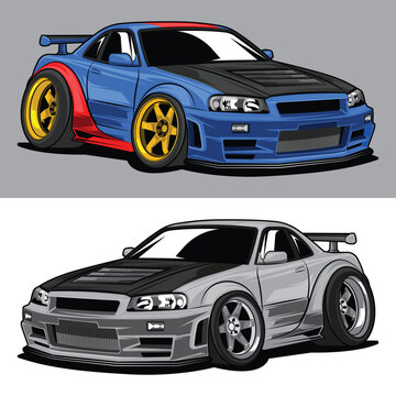 Jepang Sport Car Kartun Warna Biru dan Merah Cabe Sangat Keren