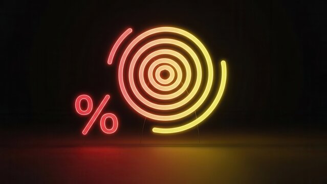 Modern aesthetic glowing neon percentage symbol and target icon on dark backdrop for sales