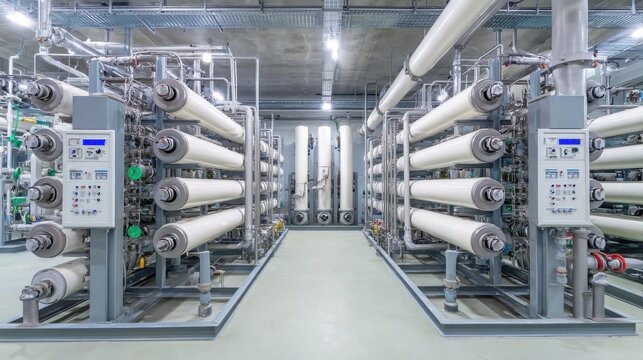 Advanced water treatment plant filtration units with extensive piping and industrial machinery in a clean facility