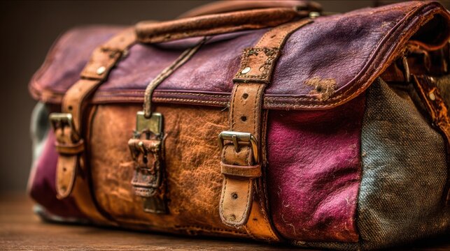 Close-up of a weathered, vintage leather travel bag with intricate straps and buckles