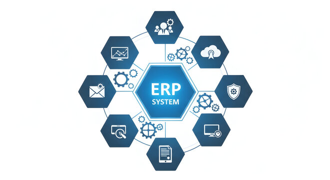 ERP system icons illustrate business management solutions with technology