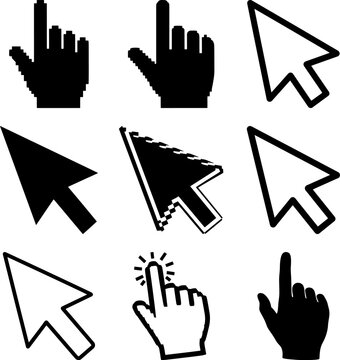 Collection of various computer mouse cursor and hand icons in black and white