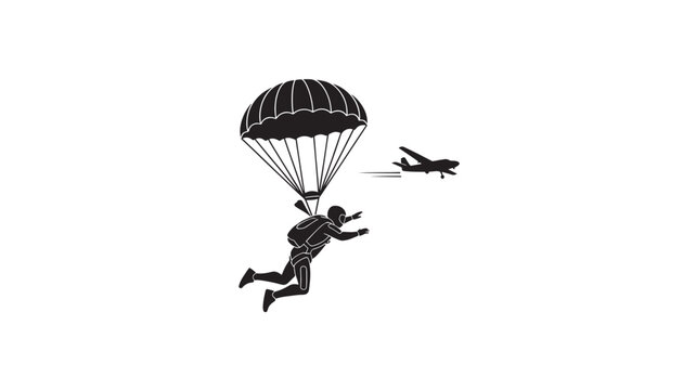 Parachutist Skydiving Icon Airplane Jump with Open Parachute for Adventure Military and Extreme Sports Concepts