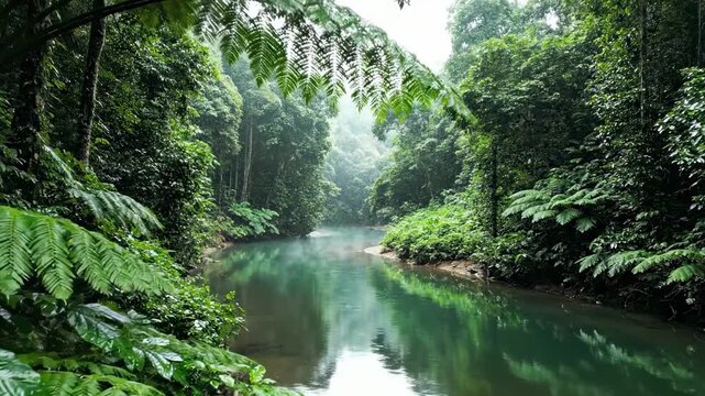 Rain-soaked tropical river corridor framed by oversized glossy leaves, misty jungle depth, and emerald water drifting through dense rainforest greenery in a secluded verdant valley sanctuary