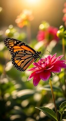 Obraz premium Monarch Butterfly on Pink Flower in Sunny Garden.