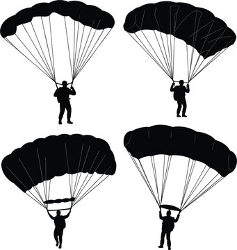Skydiver parachute silhouette set with extreme sports athletes jumping for outdoor adventure and freedom concept vector