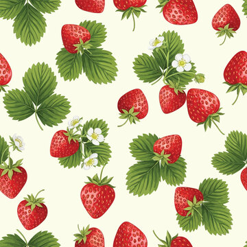 A seamless pattern featuring ripe red strawberries and raspberries with green leaves.