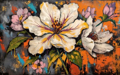 Naklejka premium Vibrant floral painting with bold colors and expressive brushstrokes