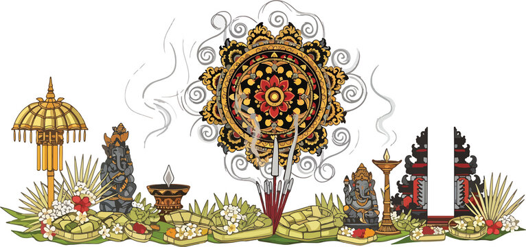 Decorative Hindu Puja Ceremony Items Displayed.