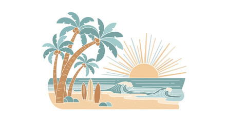 Obraz premium Tropical Beach Scene with Palm Trees, Surfboards, and Ocean Waves at Sunrise