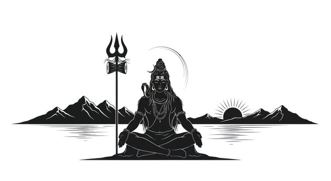Lord Shiva Meditating at Sunrise with Trishul and Mountains - Hindu Deity