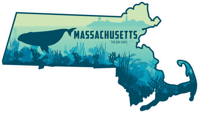 vector Massachusetts sticker design withRight Whale and Truro Cape Cod Highland Lighthouse	