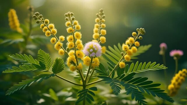 Mimosa pudica plant with vibrant yellow wattle flowers in nature