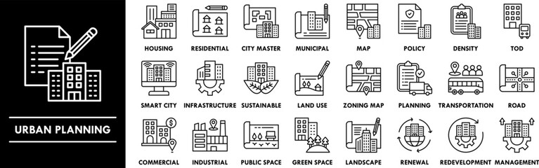 Urban Planning outline icon collection set. Containing design city planning, smart city, urban development, city infrastructure © Zaiva Maysha