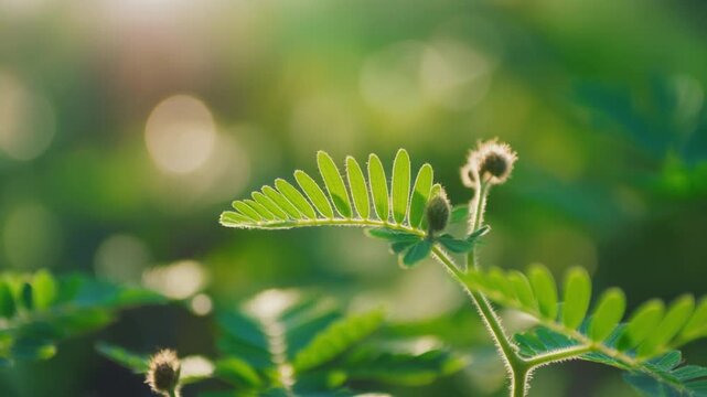 Mimosa pudica sensitive plant being touched in golden hour light