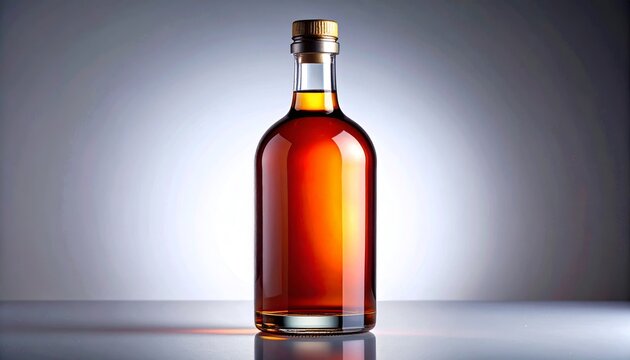 A clear glass bottle filled with amber liquid, possibly whiskey or rum, with a cork stopper, professionally lit on a reflective surface against a gradient background.